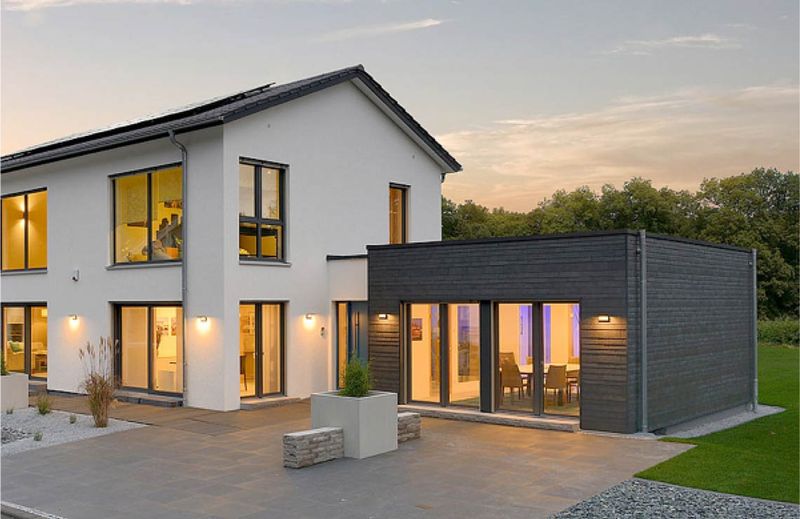 A prefabricated house at sunset.